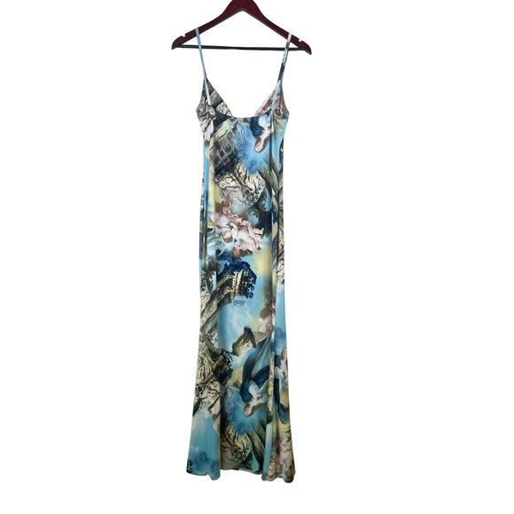 Womens Maxi Dress Sz M Art Deco Angel Graphic Print Formal Virgin Mary Wedding - Picture 1 of 7
